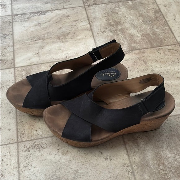 Clarks Black and Brown Wedge Sandals - Picture 1 of 14